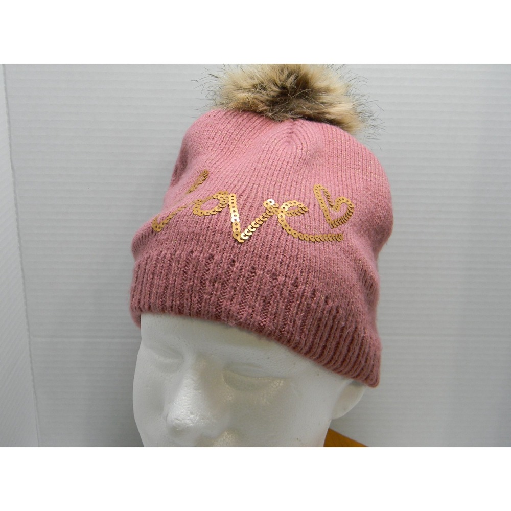 Toby & Co Pink Beanie Hat Love Sequin Faux Fur Pom Pom Metallic Sparkle Knit